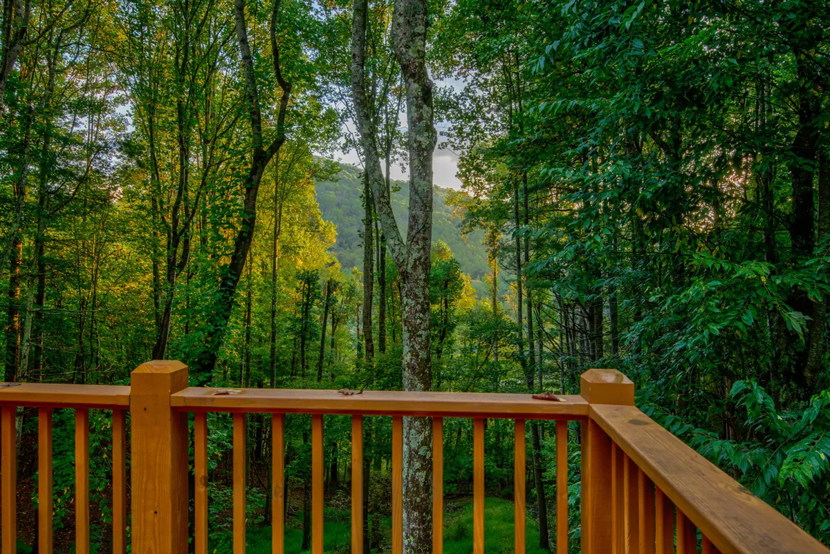 A scenic view from the deck featuring a wooden railing, lush green trees, and a majestic mountain backdrop. The perspective offers a sense of tranquility and natural beauty, inviting guests to take in breathtaking vistas.